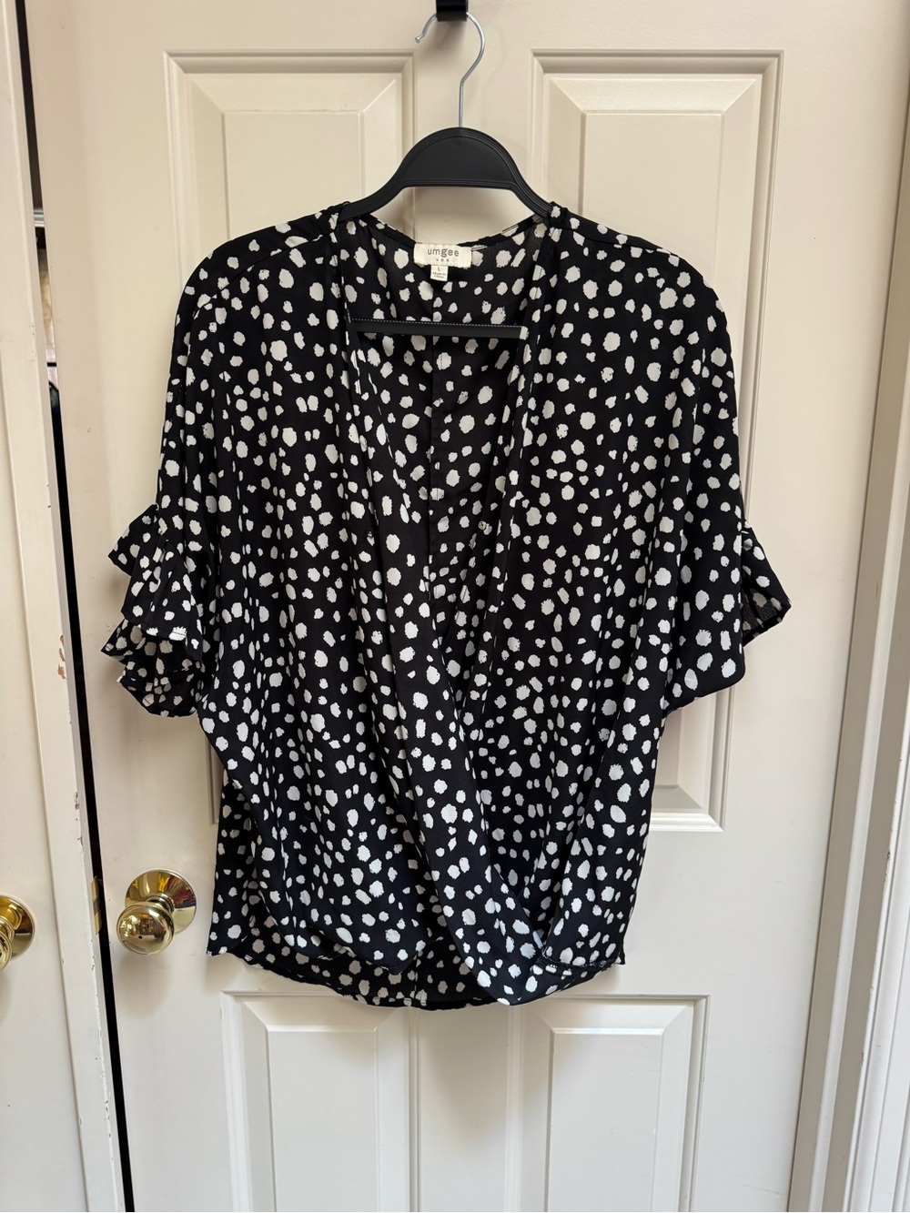 Umgee Black and White Dot Faux-Wrap Blouse